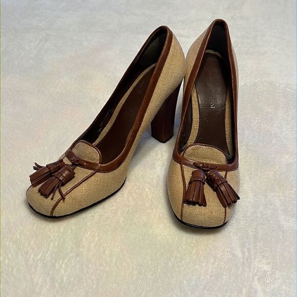 Enzo Angiolini Brown Fabric Tweed Heels Tassel Trim - Size 7.5 - Picture 1 of 14